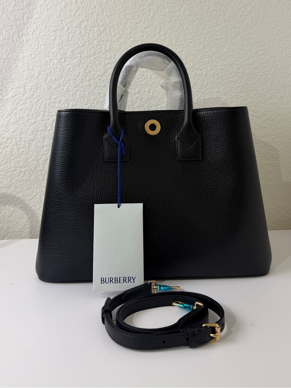 Burberry Black Leather Top-Handle Tote with Signature Check $2250 - Picture 3 of 9